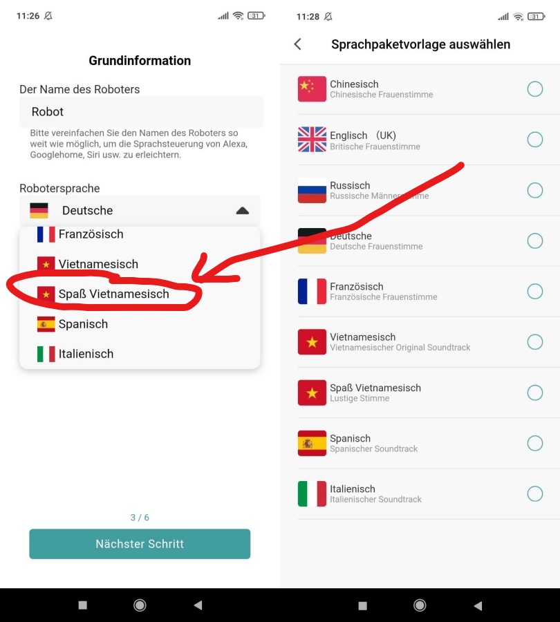 Zigma Spark 980 Saugroboter App Sprache wählen Sprachpakete