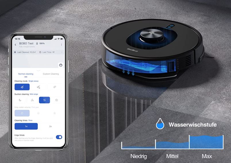 Shellbot AI Saugroboter Wischfunktion Wassertank Wassermenge in App einstellen