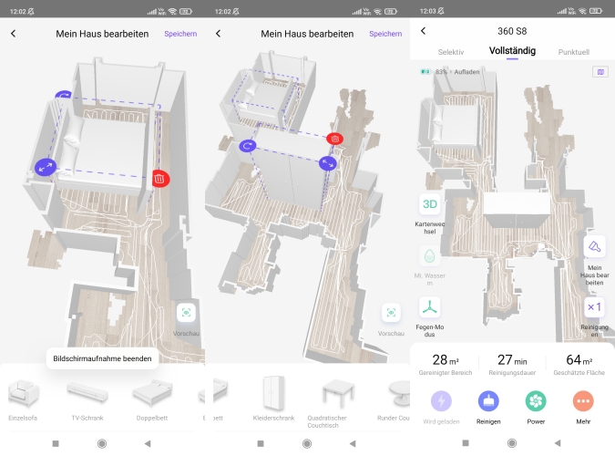 360 S8 Saugroboter App 360Robot 3D Mapping Karte Haus bearbeiten Möbelstücke