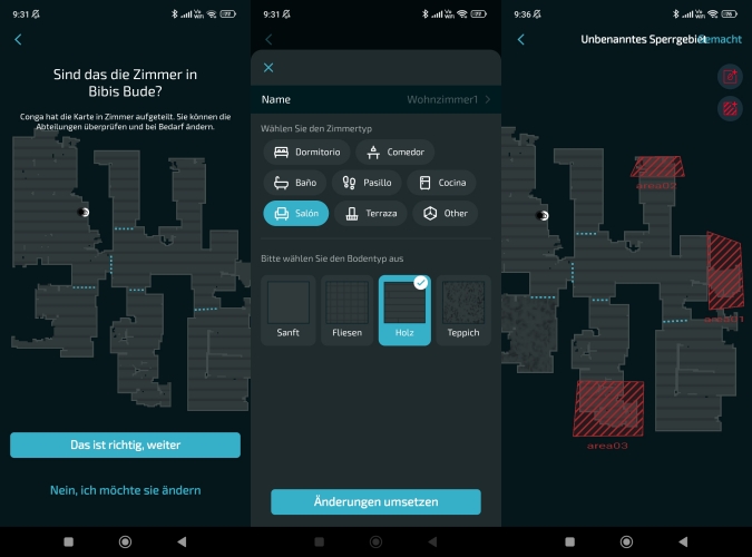Cecotec Conga 9090 AI Saugroboter App selektive Raumeinteilung Raumgrenzen vorgeben Bodentypen No-Go-Zonen