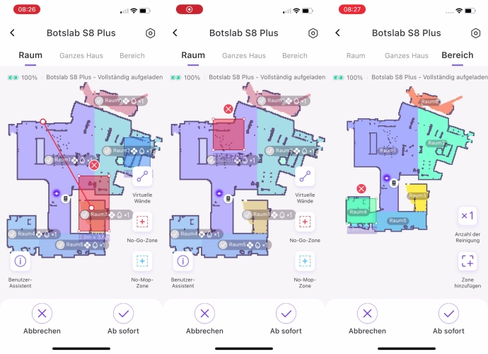 360 S8 Plus Saugroboter App selektive Raumeinteilung virtuelle Sperrgebiete Go-To-Zonen