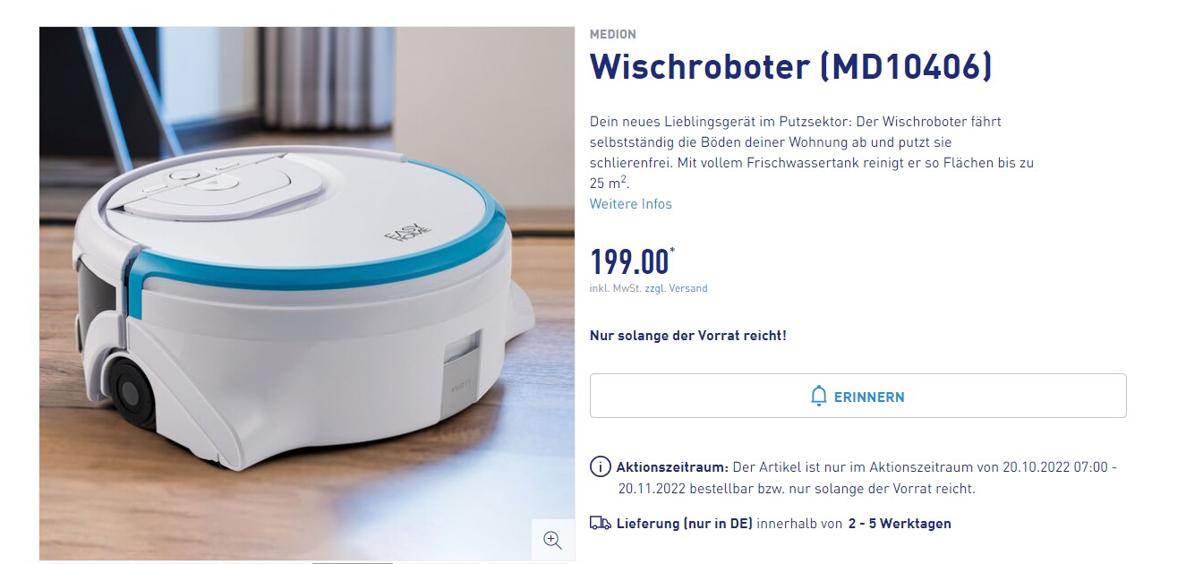MEDION MD10406 Wischroboter für 199€ bei ALDI Süd im Angebot